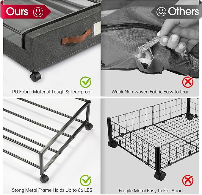 Yecaye Under Bed Storage with Wheels, 4 Pack 60L Under Bed Rolling Storage with Clear Window & Label, Underbed Storage Containers, Rolling Under Bed Metal Drawer for Clothes, Shoes, Books