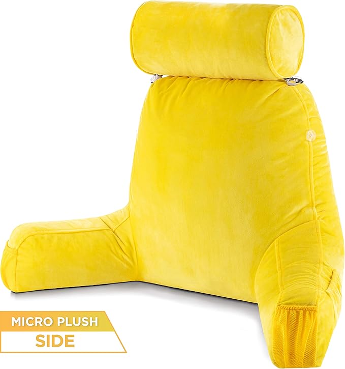 Husband Pillow Medium Aspen Edition Gold Rush, Sit Up Reading & Bed Rest with Arms, Ultra-Comfy, Detach Neck Roll - Premium Shredded Memory Foam Backrest, Reverses to Micro: Suede or Plush