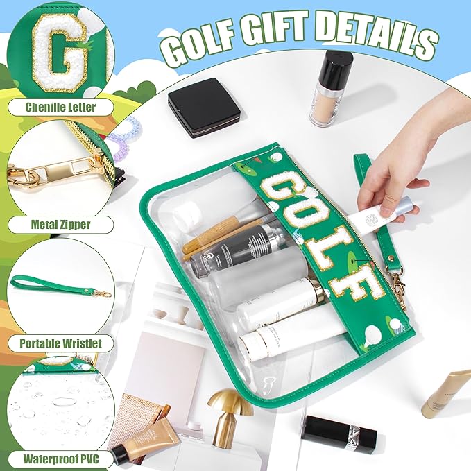 BuyCard Golf Gifts Makeup Bag with Chenille Letter Patch, Clear Cosmetic Pouch PVC Organizer Purse, Waterproof Travel Bag, Portable Toiletry Storage Bag for Her Friends