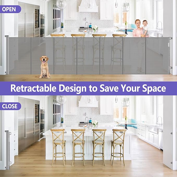 42" Tall X 120" Wide Retractable Baby Gates Extra Wide Dog Gate Keeps Pets from Getting Under Tall Baby Gate, Indoor/Outdoor Pet Gate for Cats, Extra Long Baby Gate Tall Dog Gates for Doorways, Gray