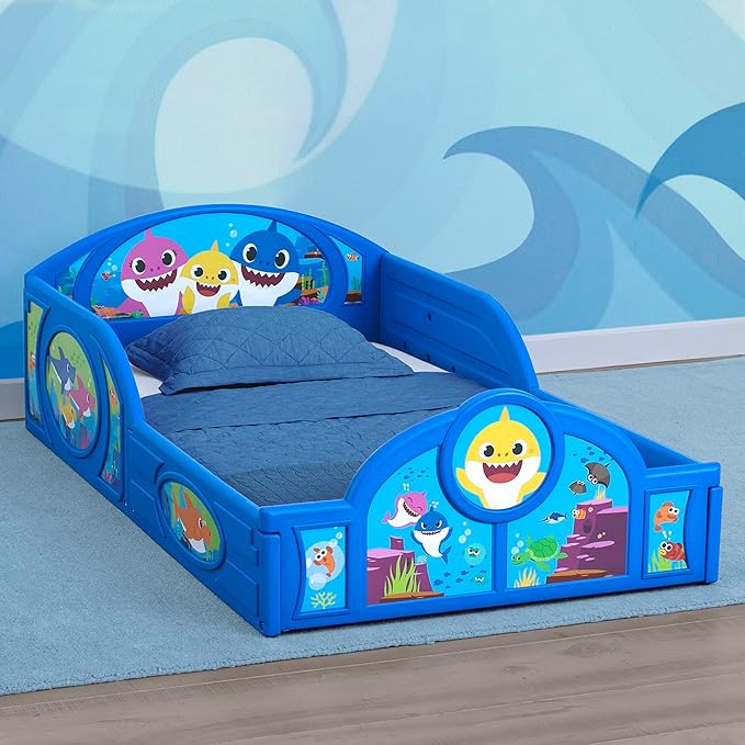 Baby Shark Plastic Sleep and Play Plastic Toddler Bed with Attached Guardrails by Delta Children, Blue