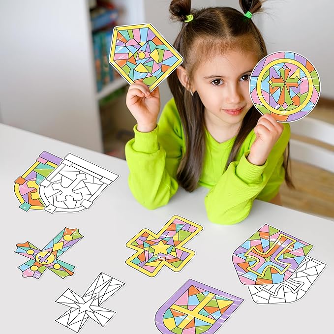 BeYumi Coloring Cross Craft Kit - 83Pcs Easter Color Your Own Cross Kit for Kids Sunday School Christian Religious DIY Craft Coloring Geometric Ornament Card Classroom Church Party Art Activities