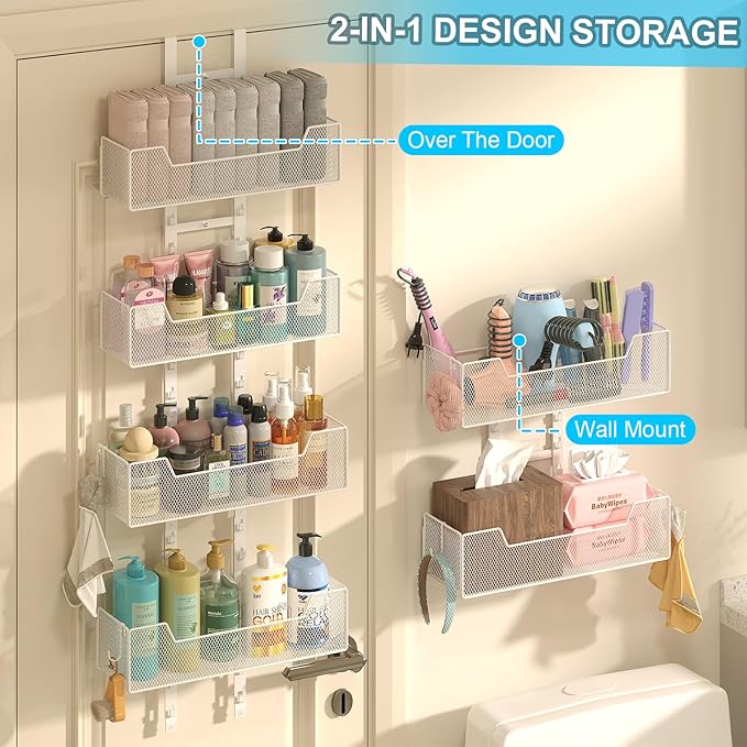 Hongtamoya Over The Door Organizer, Metal Hanging Door Organizer with 6 Adjustable Baskets and 5 Hooks, Behind The Door Storage for Closet Pantry Cabinet Kitchen Bathroom Bedroom, White