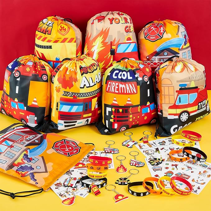 Fire Truck Party Favors Birthday Supplies, Firefighter Drawstring Bag Keychain Silicone Bracelet Tattoo Sticker, Firetruck Birthday Party Goodie Bag Stuffers Fillers Classroom Rewards for Kid