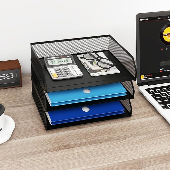 Natwind 3-Tier Stackable Paper Tray, Metal Mesh Desktop Organizer, A4 Paper Sorter, Letter Trays,File Folder Sorter Organizer with Sliding Tray for Home, Office, School (Black)