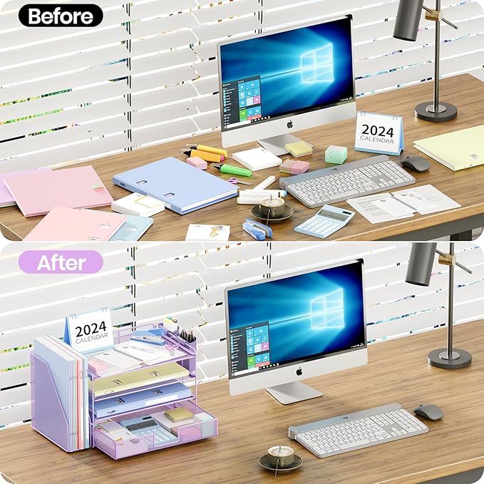 OPNICE Desk Organizer, 4-Tier Desktop File Organizer with Drawer and 2 Pen Holders, Office Desk Accessories, File Sorters, Workspace Organizers for Office Supplies(Purple)