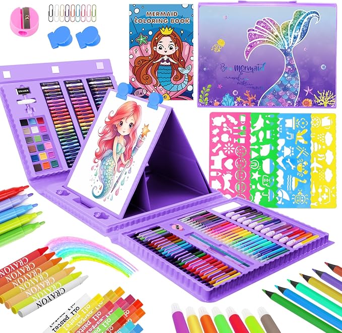 homicozy Art Supplies for Kids Ages 4-12,Mermaid Drawing Sets Art Case,Coloring Kits with Double Sided Trifold Easel,Crayon,Colored Pencil,Marker,Coloring Book,Drawing Stuffs Gifts for Girls Age 4-6-8