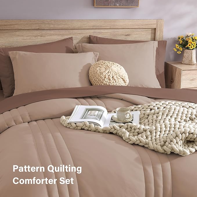 Monbix King Size Comforter Set - 7 Pieces Bed in a Bag King, Rust Pink Bedding Sets with Comforter, All Seasons Comforter Bed Set with Sheets, Pillowcases & Shams