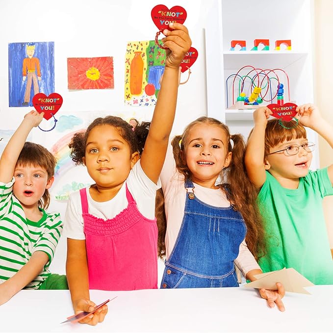 50 Pieces Valentines Knot Bracelets with Cards Kids Nylon Bracelet with Greeting Card Wishes Woven Friendship Bracelets for Valentine's Day Party Favor Supplies