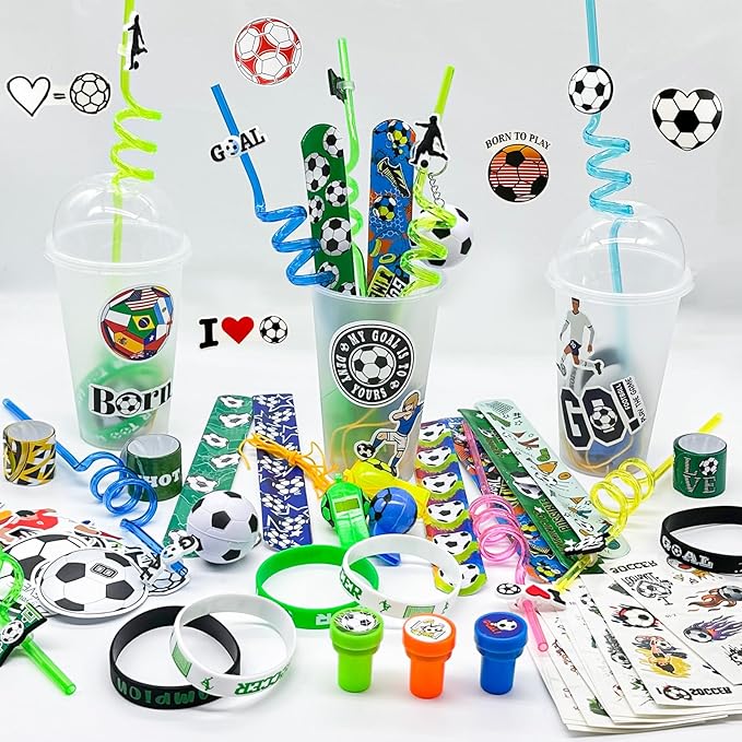 Cinrobiye 146 Pcs Soccer Party Favors, Sports Party Supplies with Cup Straw Soccer Keychain Tattoo Sticker Slap Bracelet Whistle Treat Bag Gifts for Classroom Rewards Soccer Birthday Party (Soccer)
