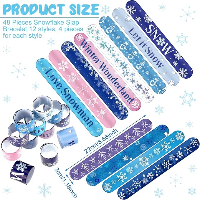 48 Pieces Snowflake Slap Bracelet Winter Theme Snowman Snap Bracelet Kids Party Favors Classroom Prizes Kids Bracelet Slap Bracelets Wristbands for Kids Children Winter Party, 12 Styles (Snowflake)