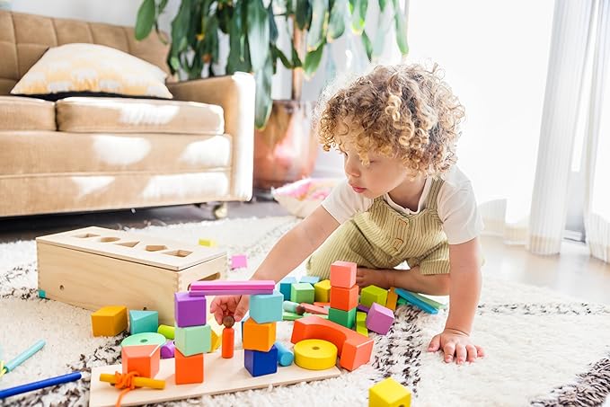 LOVEVERY | The Block Set | Solid Wood Building Blocks and Shapes + Wooden Storage Box, 70 Pieces, 18 Colors, 20+ Activities, Toddler Block Set and Converts into a Pull Car, Ages 12 to 48+ months