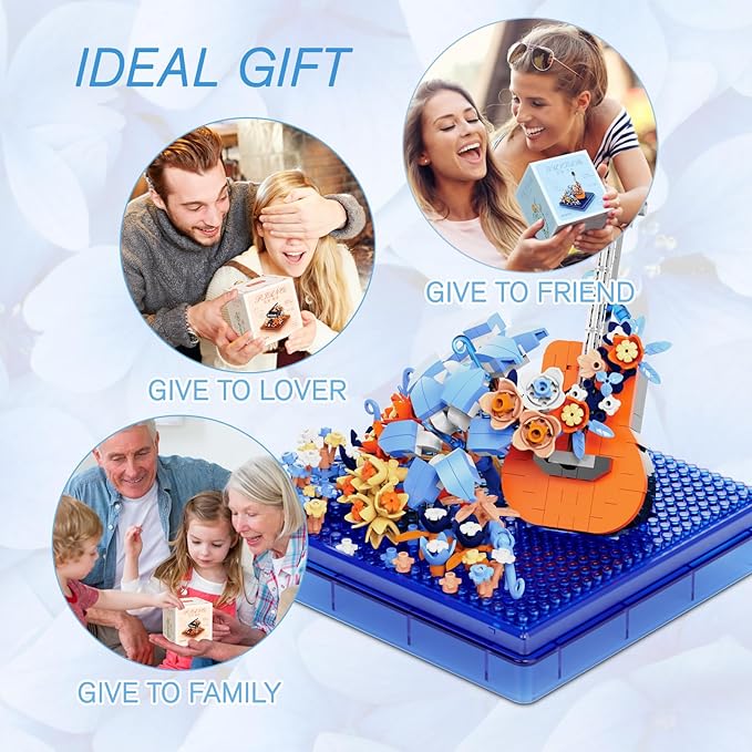 Guitar Mini Building Block Sets with Colorful Flower Decor, Micro Building Sets with Dust Cover,Gift for Girl,Lover,Mother, Home Office Decor Kit Suit for Kids and Adult Aged 8+(Guitar)