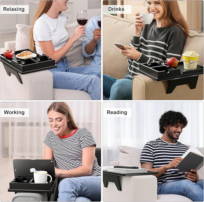 Bamboo Couch Cup Holder Tray - 2 in 1 Couch Armrest Table with Be Slide-Away Detachable Double Holder - Foldable Sofa Armchair Caddy for Drinking Snacks iPad TV Remote (Black)