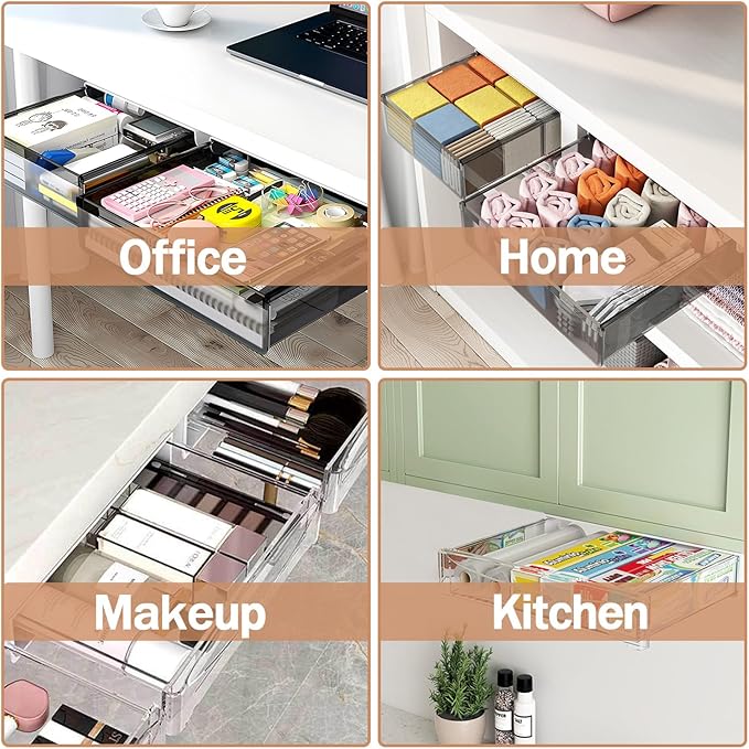 Under Desk Table Drawer Storage Organizer,2 Pack Large & Medium Slide Out Desk Drawers - Hidden Desktop Organizer,Attachable Pencil Storage Tray Under Table(ML)