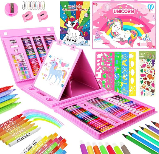 homicozy Art Supplies for Kids,Drawing Kits Unicorn Art Case Coloring Set with Double Sided Trifold Easel,Crayon,Colored Pencil,Marker,Coloring Book,Stencil,Sticker,Drawing Stuffs Gifts for Girls 4-12