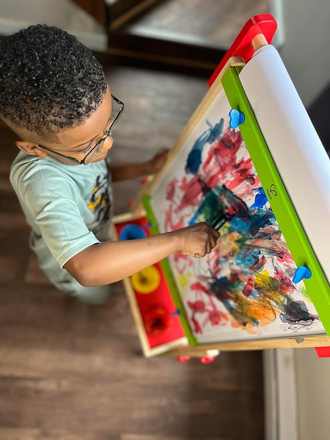 Hape E1010 Magnetic All in 1 Kids Height Adjustable Drawing Dry-Erase Chalkboard Wooden Artist Easel with 3 Paint Pots and Refillable Paper Roll