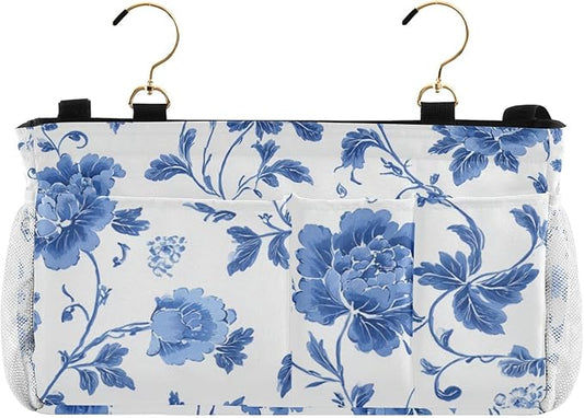 Flowers Blue and White Pattern Bedside Caddy for Dorm Bed Bedside Hanging Caddy Bag Iron Frame Storage Organizer Pocket for Bunk Home College Hospital Beds 2 Hooks
