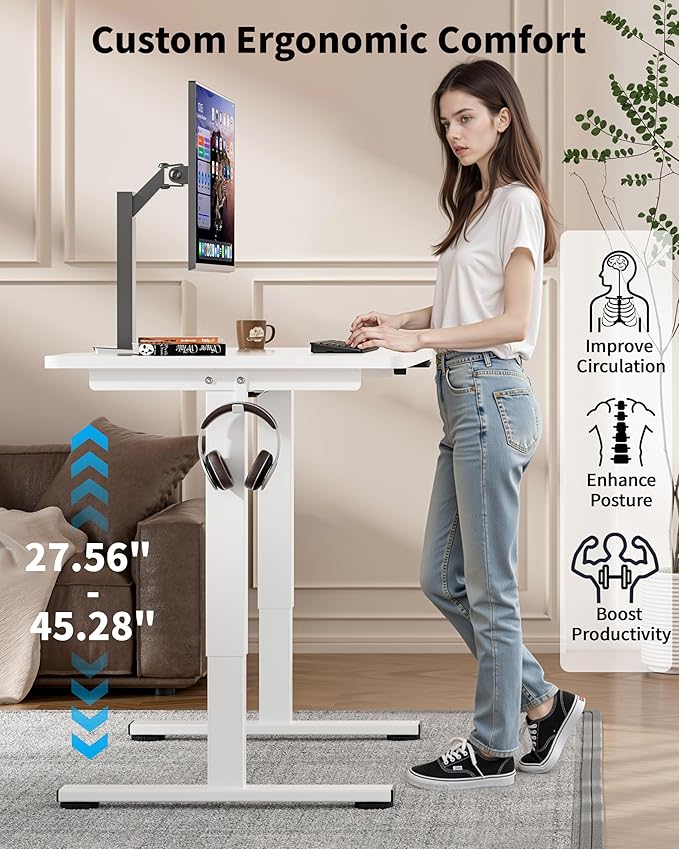 Okin Small Electric Standing Desk, 36" x 24" Whole Piece Height Adjustable Desk, White Sit to Stand Computer Workstation with Wheels for Home Office