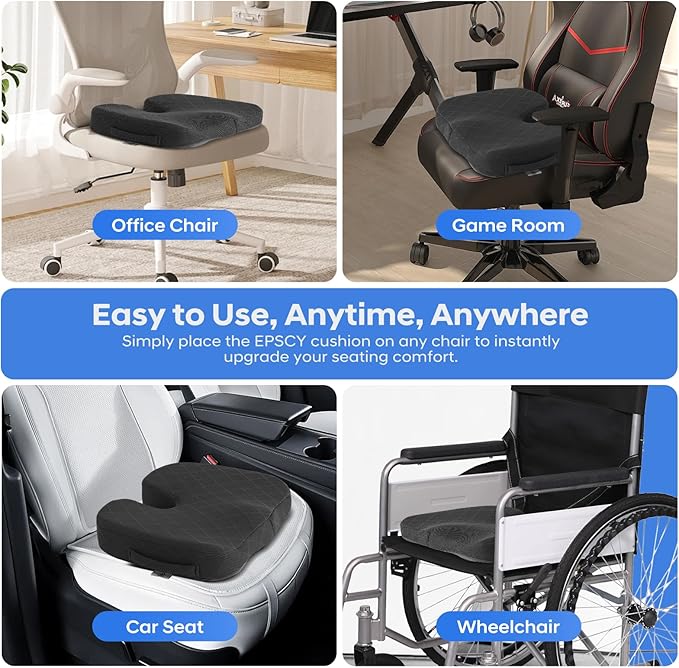 EPSCY Memory Foam Seat Cushion, Black, Ergonomic Comfort for Office Chair, Car, Airplane & Bleacher, U-Shaped Design for Enhanced Support & Comfort, Portable, Non-Slip, Washable Cover for Everyday Use