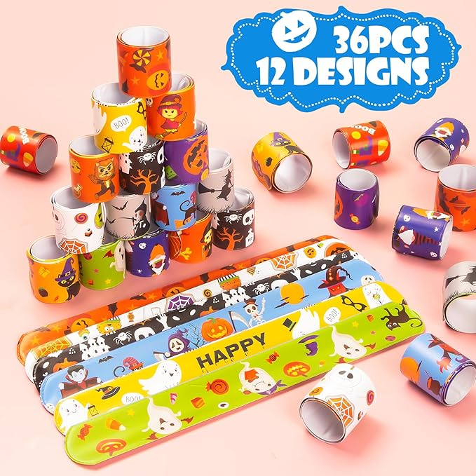 36 Pieces Halloween Slap Bracelet for Kids, 12 Styles Colorful Halloween Slap Wristbands Bulk for Kids Party Favors Toys Prizes Goodie Bags Fillers
