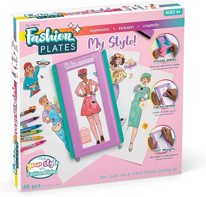 Fashion Plates My Style – Girls Fashion, Mix-and-Match Drawing Kit, Arts and Crafts, Coloring, Art Supplies, Craft Supplies, Stencils, Crayons Included, Create Your Own Fashion Designs, Ages 6+