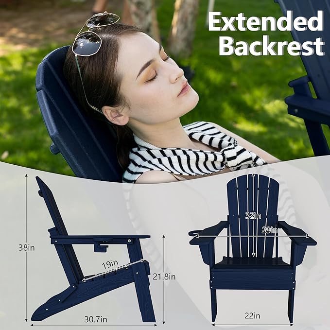 Plawdlik Folding Adirondack Chair, SGS Tested, Wooden Textured with Cup Holder, Heavy All-Weather HDPE Comfortable Set Poolside Backyard Lawn Navy Blue Set 2