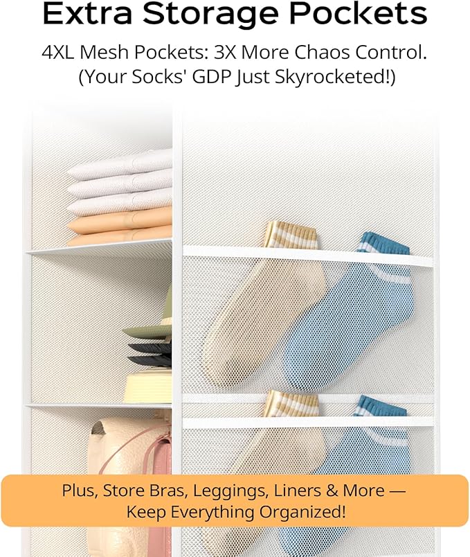 ALLTIDYUP Extra Deep Hanging Closet Organizer with Shelves and Oversized Mesh Pockets, Heavy-Duty Structure, No Deformation, Max Storage for Clothes, Shoes, Hats, Dorms and RVs,1-Pack (White, 6 Tier)