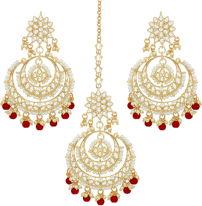 Aheli Bollywood Ethnic Chandbali Style Big Earrings Maang Tikka Set Traditional Fashion Jewelry Gift for Women