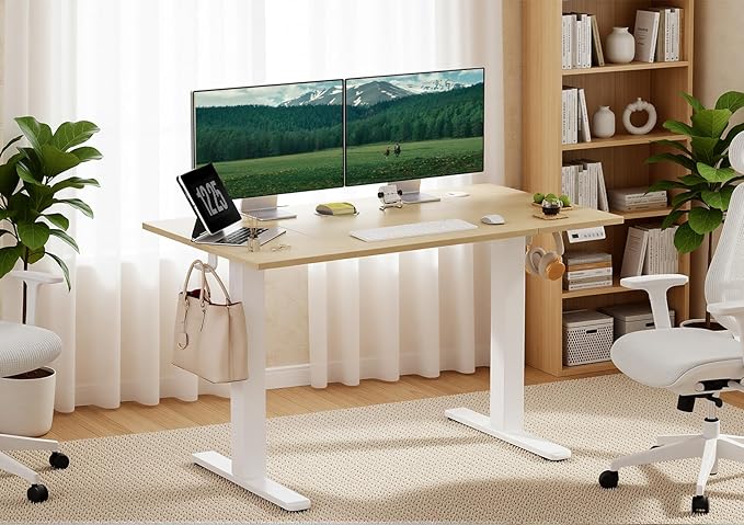 Seang Electric Height Adjustable Standing Desk, 48 x 24 Inch Sit-Stand Workstation with T-Style Frame, 3 Memory Height Options & Built-in Cable Management for Home Office, White Frame/Nature Top