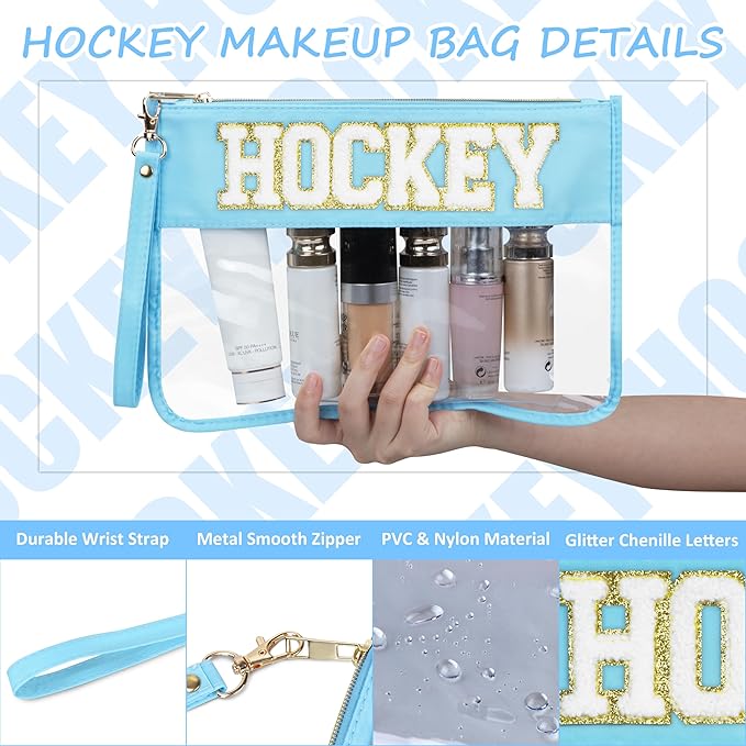 BuyCard 2 Pcs Hockey Gifts Makeup Bag with Chenille Letter Patch, Clear Cosmetic Pouch PVC Organizer Purse, Waterproof Travel Bag, Portable Toiletry Storage Bag for Her Girls Friends Women