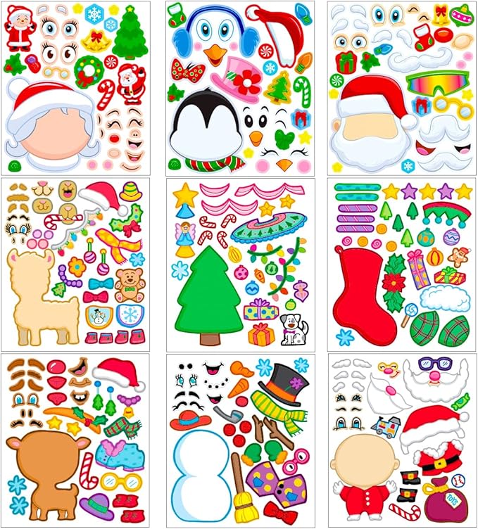 JOYIN Christmas 20 Pcs Make-a-face Stickers, 10 Pcs Coloring Book, 10 Pcs Rainbow Color Scratch, Christmas Art & Craf Kit Combo Set for Kids Girls and Boys, Holiday Presents and Party Favors
