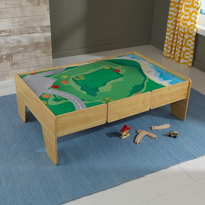 KidKraft Double-Sided Wooden Train and Activity Table with Built-in Storage Drawer, Natural, Gift for Ages 3+