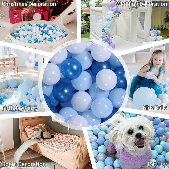 GOGOSO Ball Pit Balls Blue Balls for Ball Pits, Baby Pool for Babies, Kids, Toddlers, Boys, Phthalate Free BPA Free, Pack of 100 with Storage Bag, with Color Pearl Blue, Light Blue, White