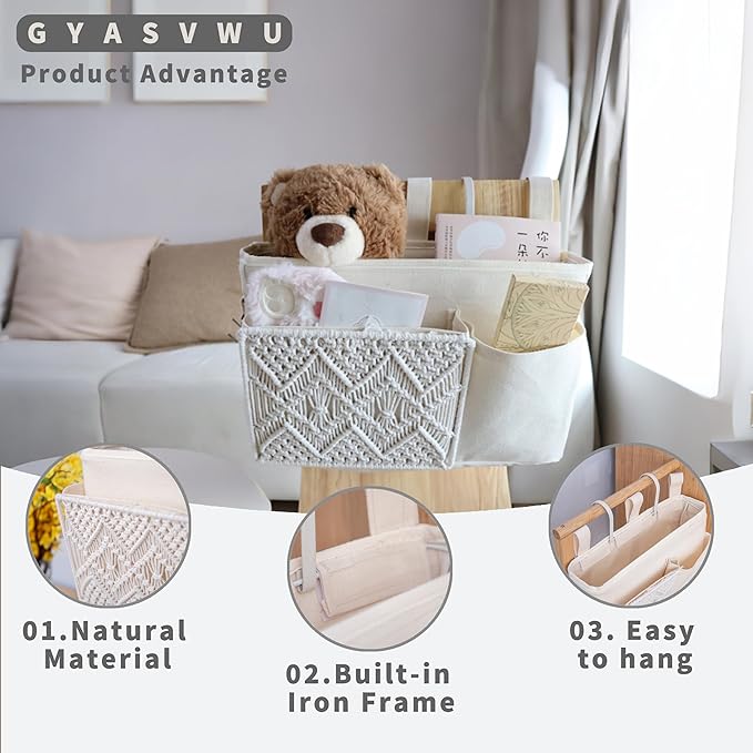 GYASVWU Boho Hanging Bedside Caddy Organizer, Macrame Bedside Pocket, Bunk Bed Organizer for Dorm Room , Baby Bed Rails, Magazine Storage, Toy Storage (White)
