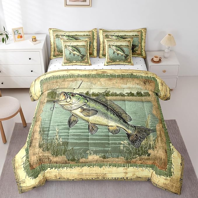 Feelyou Kids Fishing and Hunting 7 Piece Bedding Set King Size Pike Fish Bed in a Bag for Boys Bedroom Decor Bass Big Fish Comforter Set with Sheets,Pillowcases & Pillow Covers Vintage Soft