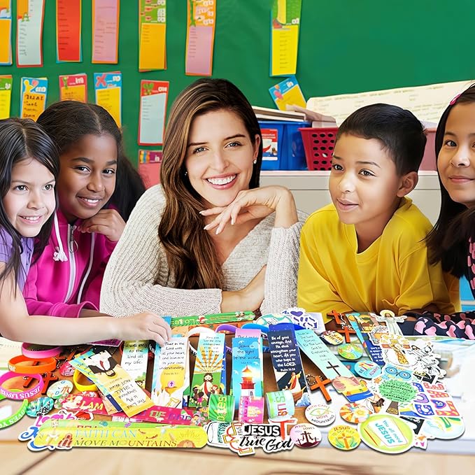 128Pcs Christian Christmas Party Favors Religious Gifts for Kids, With Bible Verse Bookmarks Cross Charm Keychains Jesus Bracelets Badge Stickers, for Sunday School Classroom Reward Prize