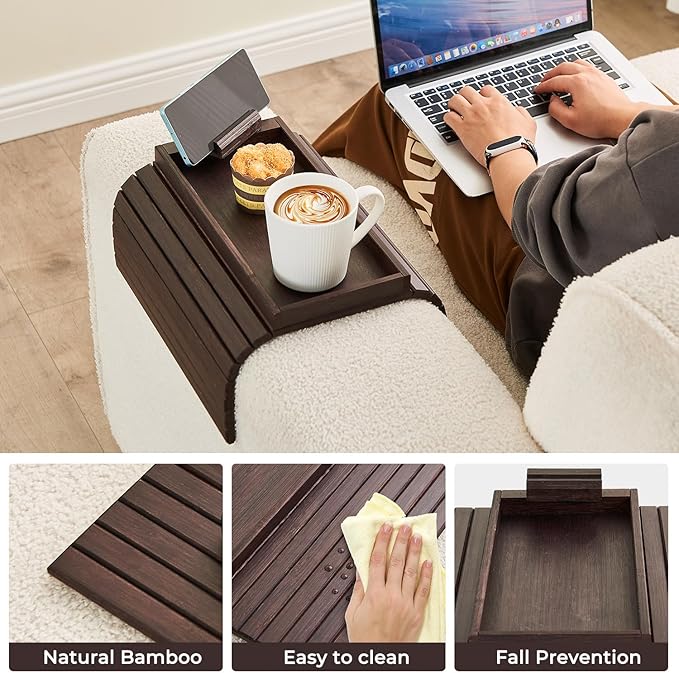 Bamboo Sofa Arm Tray, Anti Falling Couch Arm Tray Armrest Table with 360° Rotating Phone Holder, Foldable and Portable Sofa Armrest Trays Cup Holder for Drink,Cups, Phone, Snacks, Remote