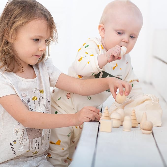 Ulanik Wonderful Bag Toddler Montessori Toys for 3 Year Old + Unfinished Wooden Figurines for Shape Sorting & DIY Painting Pyrography Decoupage Crafts — 20 pcs