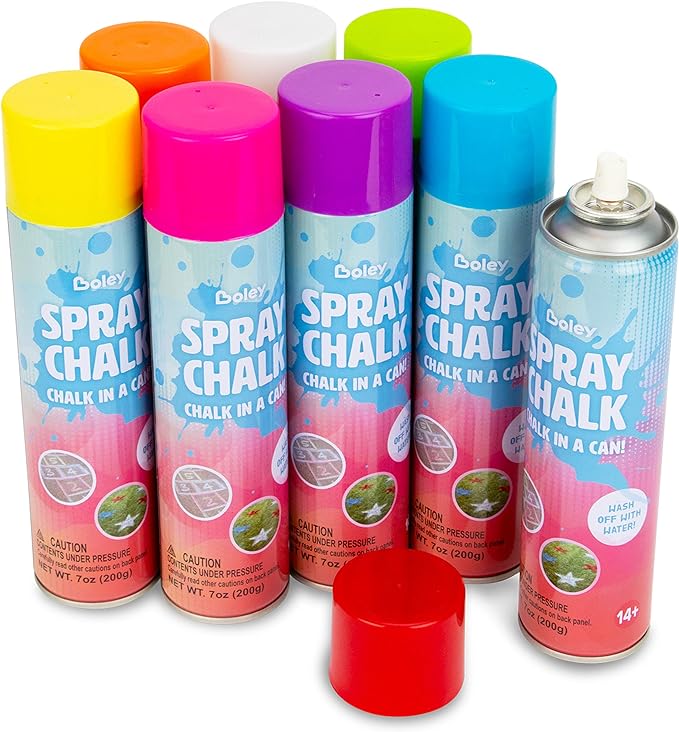 Boley Spray Chalk - 8 Pack Washable Sidewalk Chalk Spray Paint, 7 oz Each, Safe & Non-Toxic, Vibrant Colors for Outdoor Fun, Chalk for Asphalt, Grass, Snow, Sand, Concrete - Ages 14+