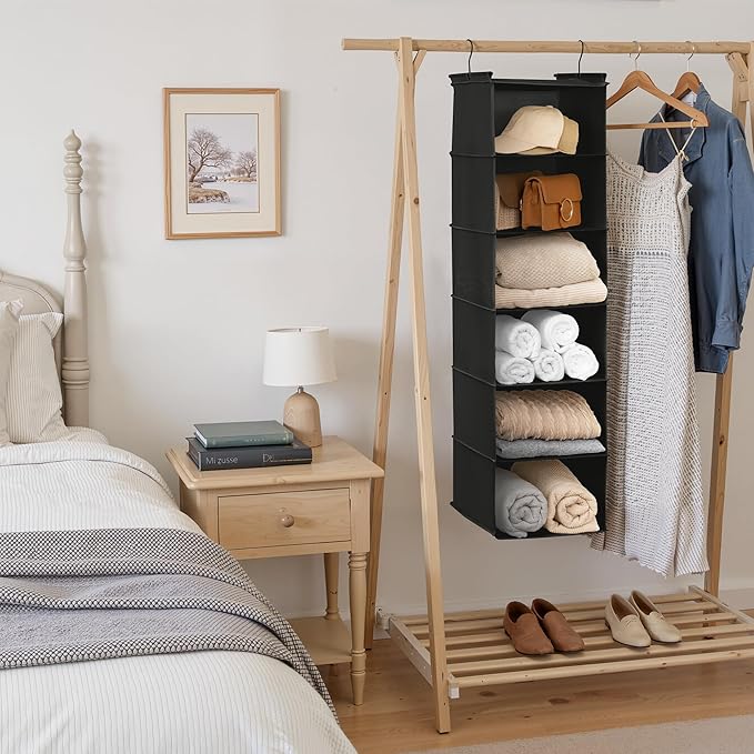 GRANNY SAYS 6 Shelf Hanging Closet Organizers and Storage, Collapsible Closet Hanging Organizer with 2 Sturdy Hooks, Large Hanging Shelves for Weekly Clothes Organizer, Black