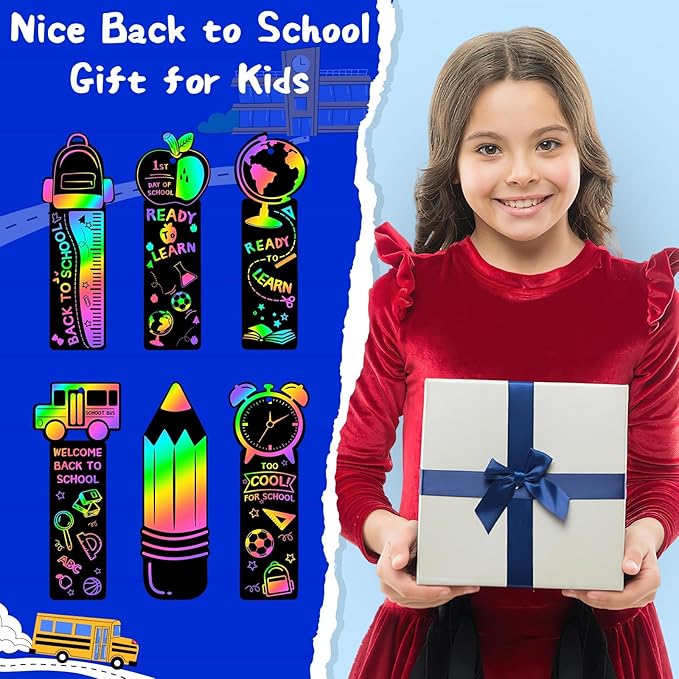 JUNEBRUSHS 30Pcs Welcome Back to School Scratch Bookmarks, Rainbow Magic Scratch Paper Art Back to School DIY Craft Kit First Day of School Gifts for Students Classroom Activity Party Favors