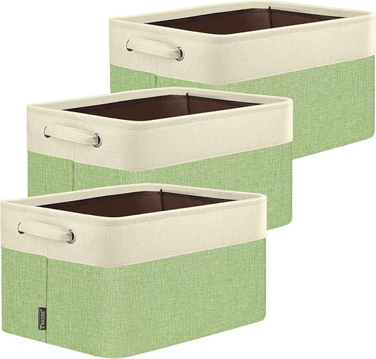 BALEINE 3 Pack Fabric Storage Bins for Shelves, Linen Storage Baskets for Organizing, Decorative Closet Bins for Clothes, Home (Green, 15''x11''x9.5'')