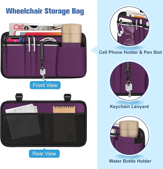 FINPAC Wheelchair Side Storage Bag w/Cup Holder, Wheelchair Armrest Accessories Pouch with Pen Slot and Reflective Strips for Power Walkers, Rollators, Seniors - Purple