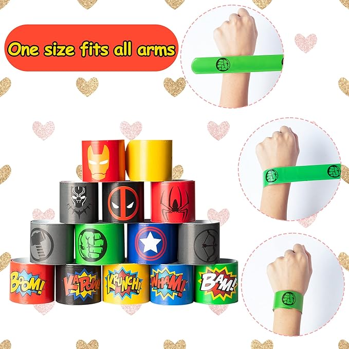 28 Packs Valentines Day Gift for Kids, Valentine’s Day Super Power Slap Bracelets with Cards Toddler School Classroom Prize Exchange Gifts Party Favor Toy Set Superhero Decorations