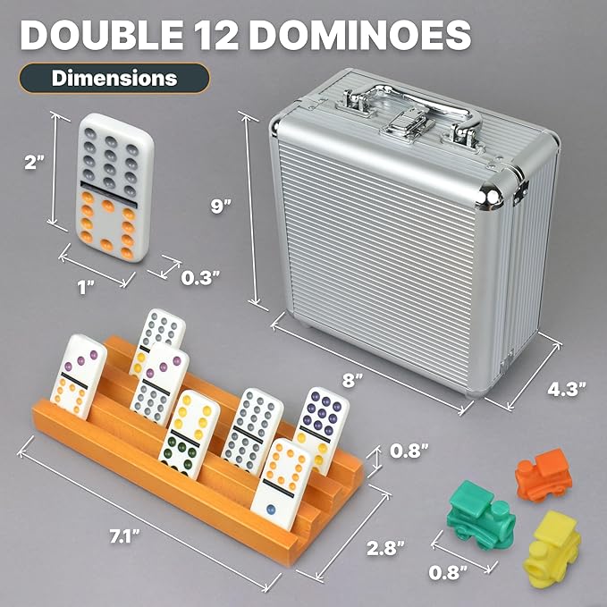 Queensell Mexican Train Dominoes Set with 8 Holders - Wooden Hub and Tiles Holders - Double 12 Tiles with Dots (D12 + 8 Holders)