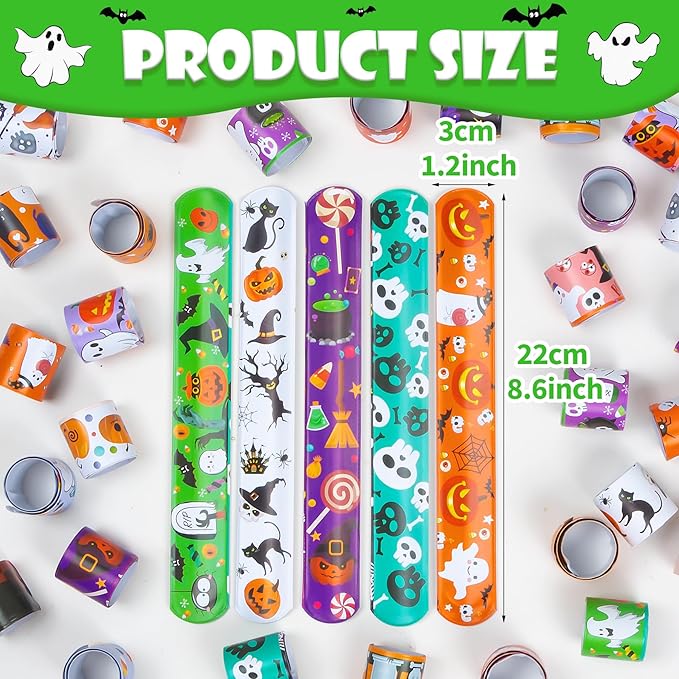 48 Pieces Halloween Slap Bracelet for Kids, 24 Styles Colorful Halloween Slap Wristbands Bulk for Kids Party Favors Toys Prizes Goodie Bags Fillers