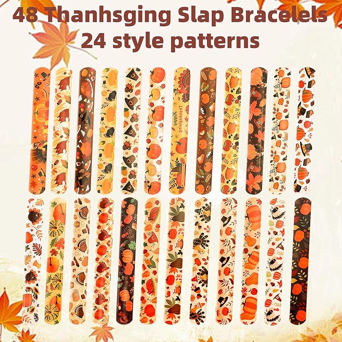 48Pcs Thanksgiving Slap Bracelets Thanksgiving Party Favors for Kids Thanksgiving Gifts for Kids Autumn Maple Leaf Turkey Pumpkin Slap Bracelets for Fall Party Favors Decorations Classroom Prizes