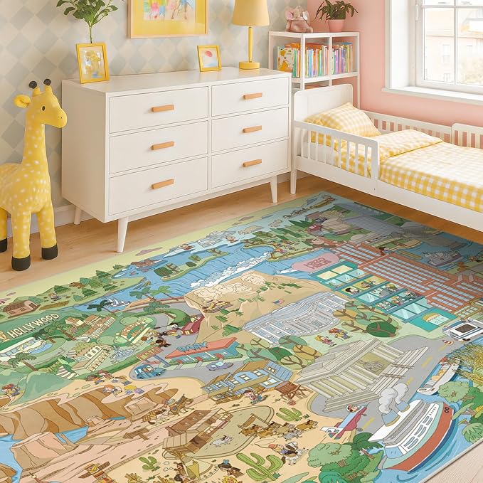 Large Kids Area Rug 6x9 – Interactive North America Map Carpet with States, Animals & Famous Landmarks – Soft Non-Slip Learning Play Mat for Kindergarten, School, or Bedroom Décor