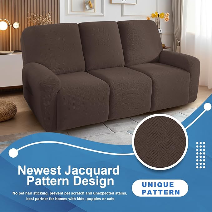 JIVINER 5 Pieces Recliner Sofa Covers Stretch Recliner Sofa Slipcover with Elastic Bottom Jacquard Fitted Reclining 3 Cushion Couch Cover Furniture Protector with Pockets (3 Seater, Coffee)